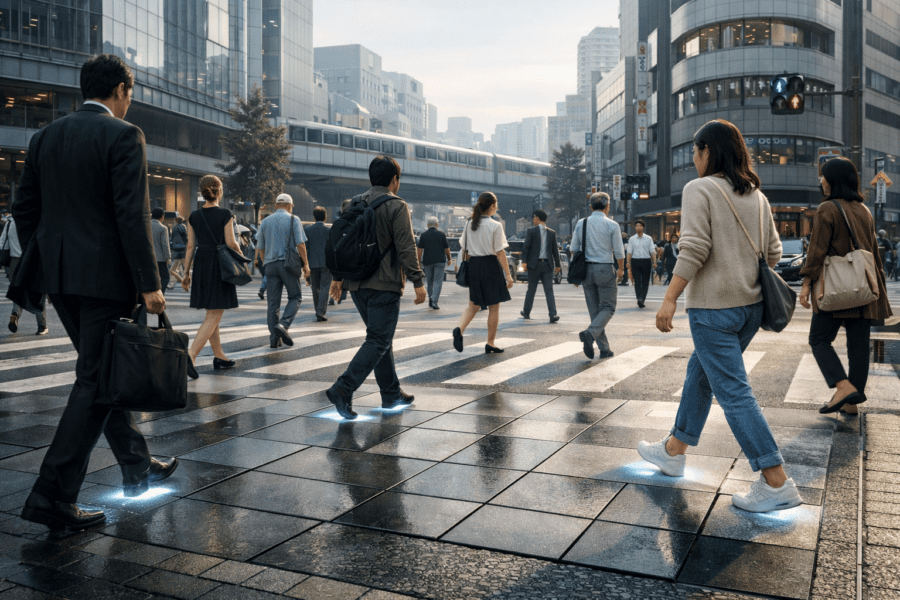 Piezoelectric tiles in action: People in Japan turning footsteps into power.