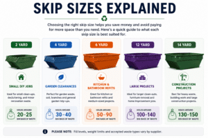 Skip size guide comparing 2 yard, 4 yard, 6 yard. 12 yard and 14 yard skips for DIY projects, garden clearances and construction work.