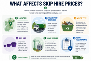 Infographic explaining the main factors that affect skip hire prices in Ireland, including location, skip size, transport distance, waste type, local demand and permit requirements.