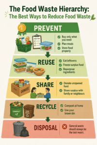 Food waste hierarchy infographic showing the best ways to reduce food waste in Ireland, from prevention and reusing leftovers to sharing, composting and disposal as a last resort.