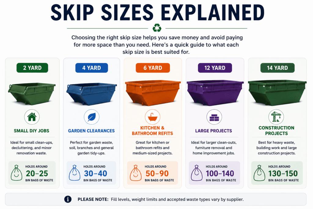 Skip Size Comparison infographic showing what each skip size can hold.