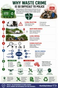 Infographic explaining why waste crime is difficult to police, showing illegal collection, transport, dumping, evidence loss, enforcement challenges and how digital waste tracking can improve investigations.