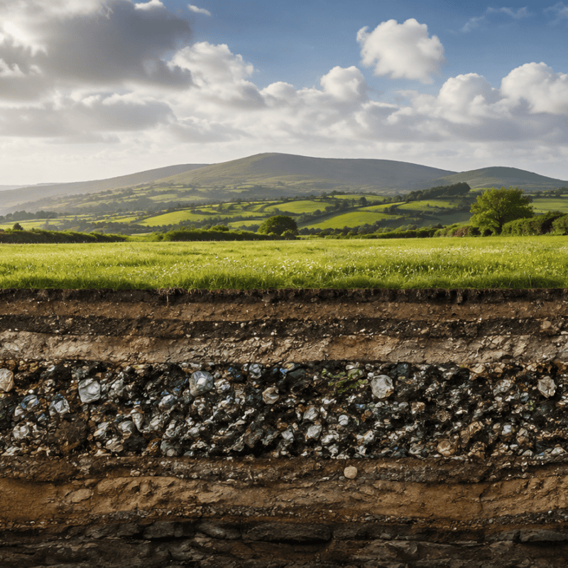 Irish landscape above buried landfill waste, illustrating Ireland's efforts to reduce waste sent to landfill and reach its 2035 target.