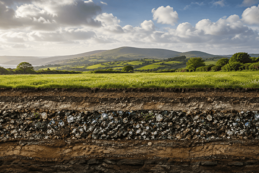 Irish landscape above buried landfill waste, illustrating Ireland's efforts to reduce waste sent to landfill and reach its 2035 target.