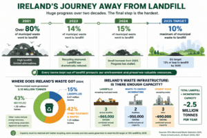 Infographic showing Ireland’s journey away from landfill, with municipal waste sent to landfill falling from over 80% in 2001 to 15% in 2024, alongside the EU target of 10% or less by 2035. Includes 2024 waste figures and Ireland’s landfill, waste-to-energy and cement kiln capacity.